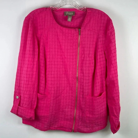 Chico's Bright Hot Pink Lightweight Zipper Jacket Roll Sleeve Size 8 - Picture 1 of 10